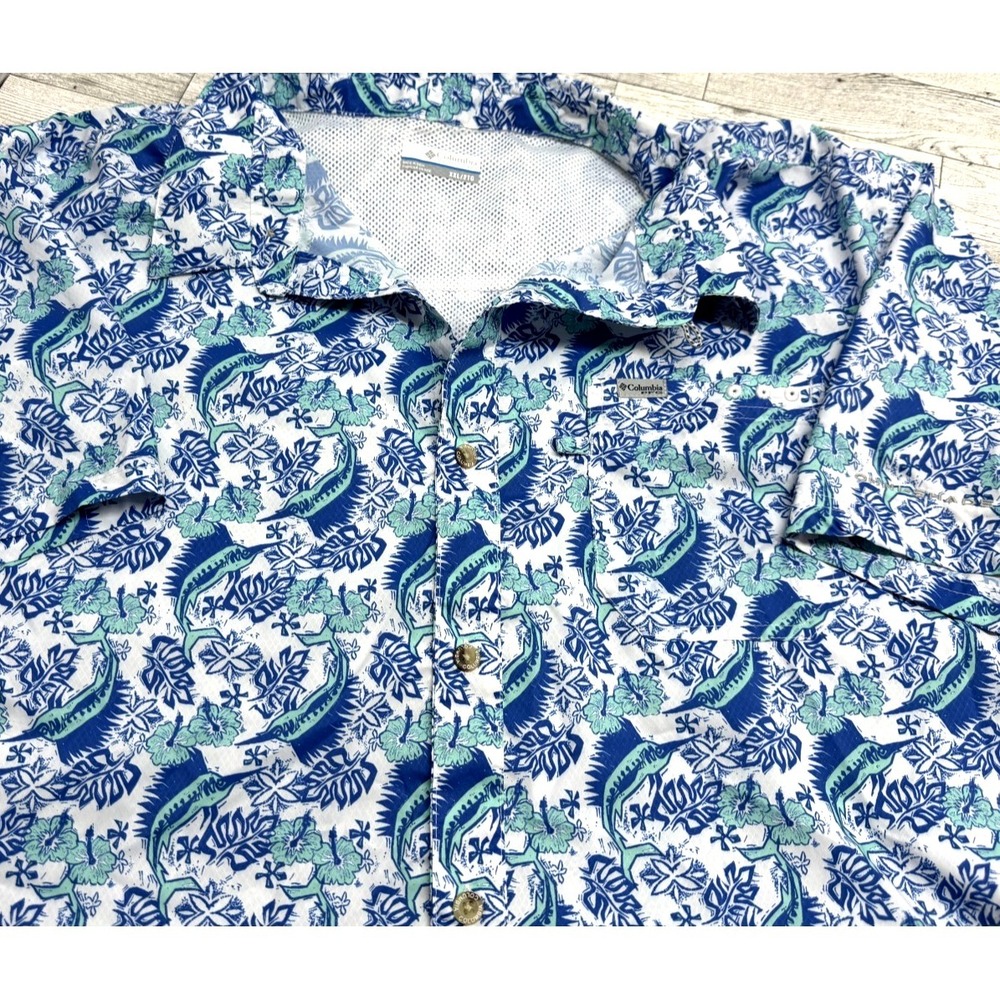 Columbia Tropical Floral and Swordfish SS Hawaiian Shirt Mens XXL Blue Button Up